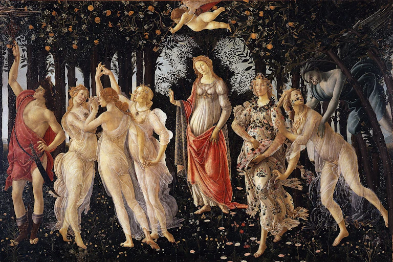 A painting showing several nypmhs, goddesses and men in an orchard. In the middle is Aphrodite.