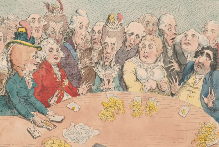 Illustration of people gathered around a table with stacks of gold coins and pieces of paper. Everyone watches a woman dealing playing cards.