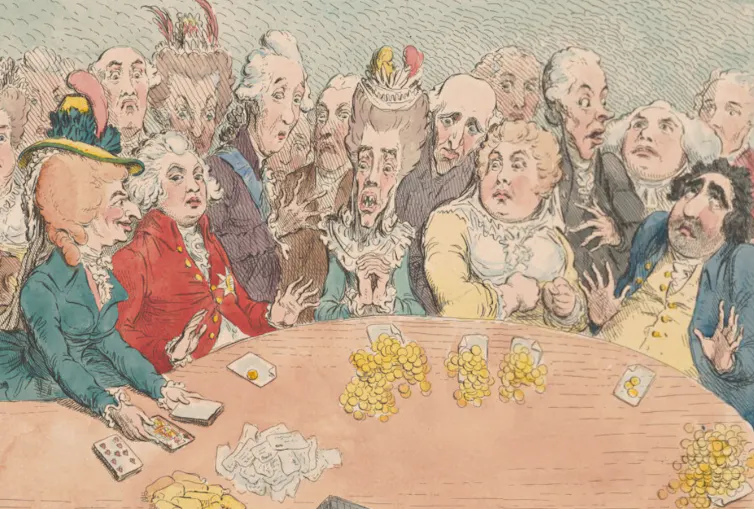 Illustration of people gathered around a table with stacks of gold coins and pieces of paper. Everyone watches a woman dealing playing cards.