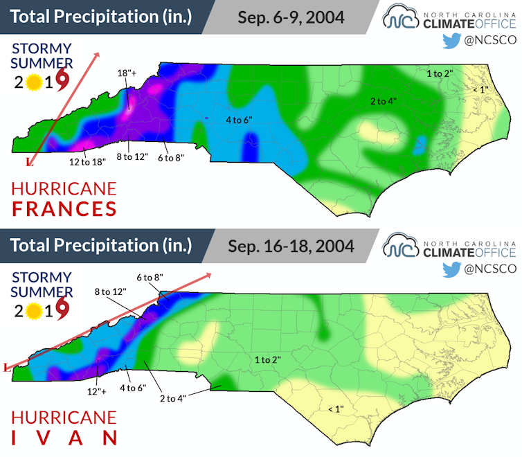 Rainfall maps show heavy rainfall from Frances and Ivan in the same area of western North Carolina.