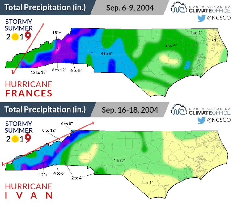Rainfall maps show heavy rainfall from Frances and Ivan in the same area of western North Carolina.