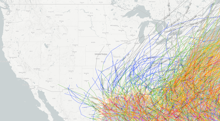 A map showing the paths of hurricanes across the eastern United States, including several in the Appalachians.