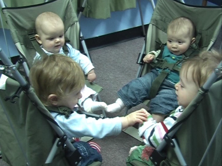 Four babies sit in chairs facing each other. They look, touch and gesture towards each other.