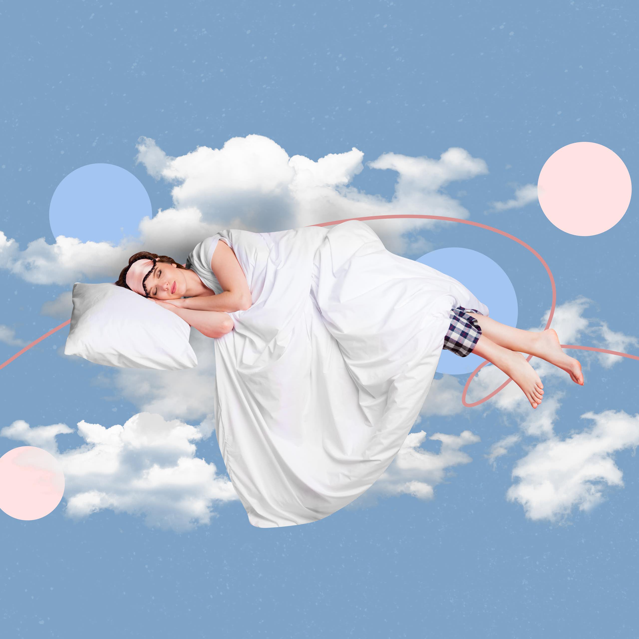 Image of woman with eye mask sleeping in the clouds