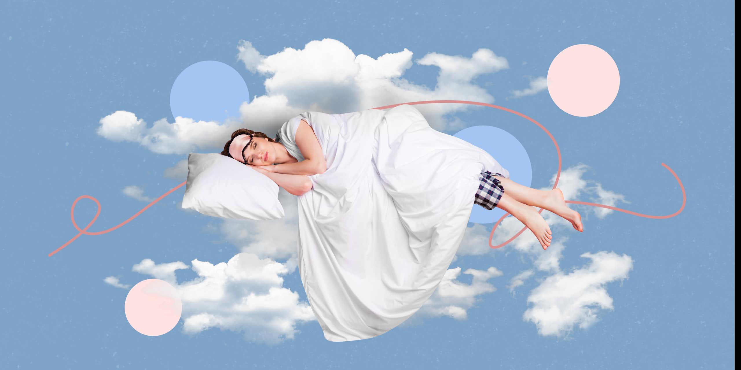 Image of woman with eye mask sleeping in the clouds