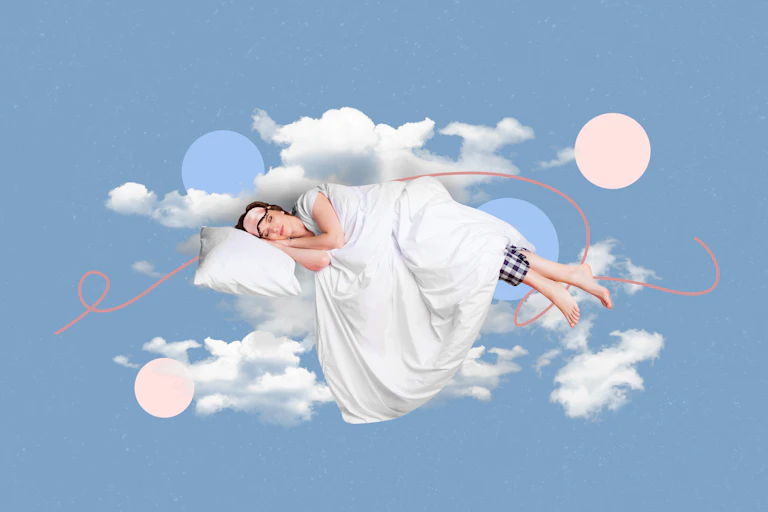 Image of woman with eye mask sleeping in the clouds