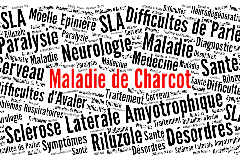 Une illustration montre différents mots et expressions qui caractérisent la maladie de Charcot. La maladie de Charcot est écrit en rouge, le reste en noir.