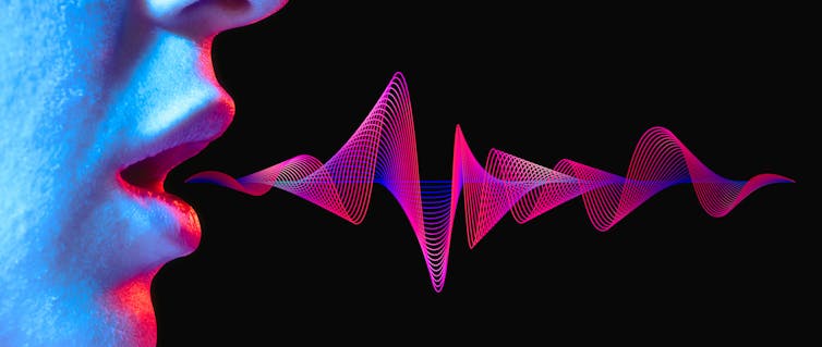 pink soundwaves coming out of a woman's mouth against a black backdrop