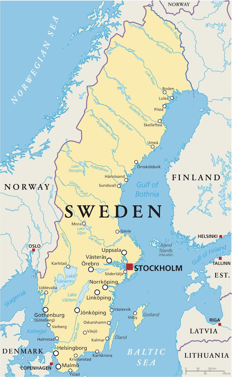 Map of Sweden and nearby countries.