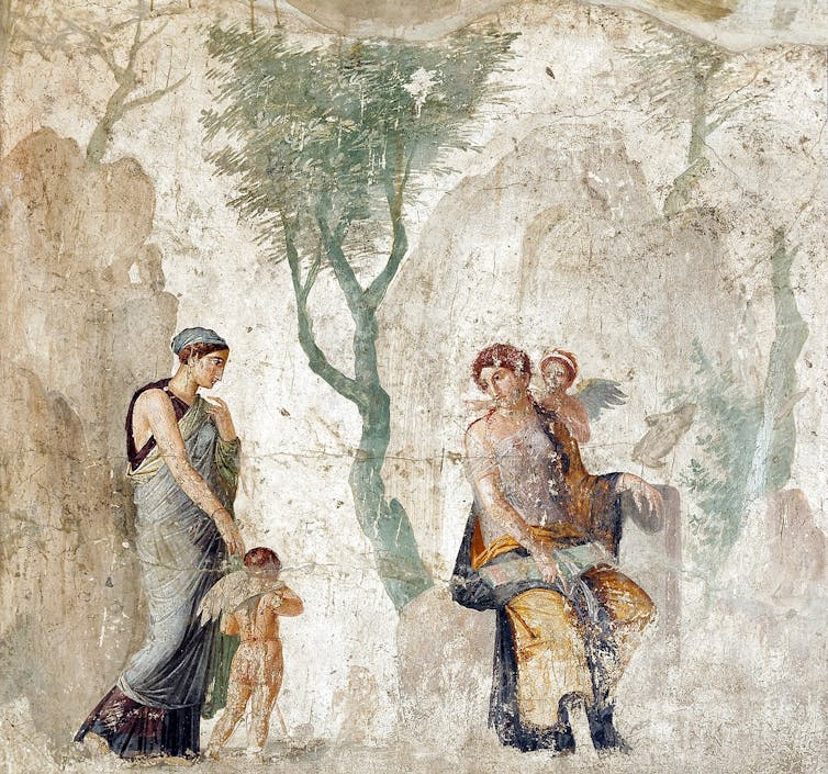 Fresco showing Aphrodite holding the hand of a small cherub