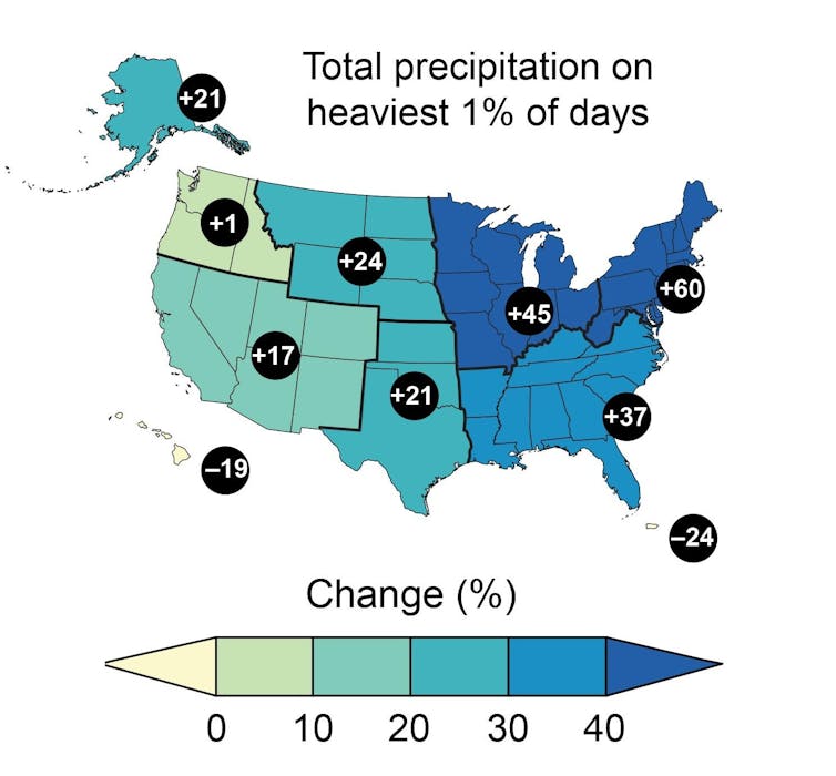 Map shows heaviest rainfall events have significantly increased almost everywhere.
