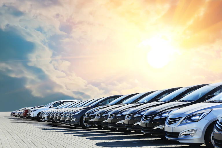 Parked cars lined up with sunset backdrop.