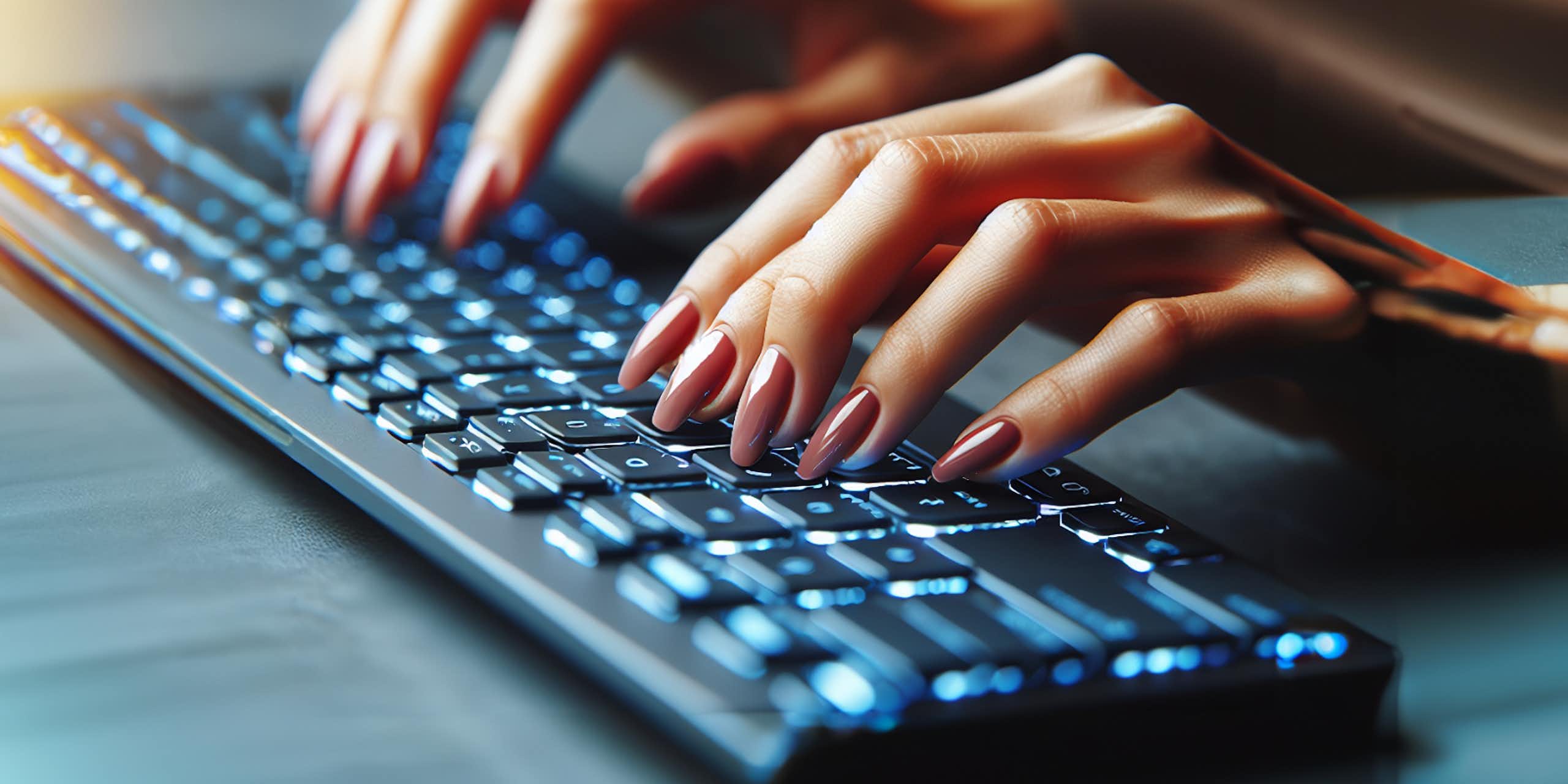 Image showing hands typing on a keyboard. The keyboard is a bit wonky and one of the hands appears to have a sixth finger.
