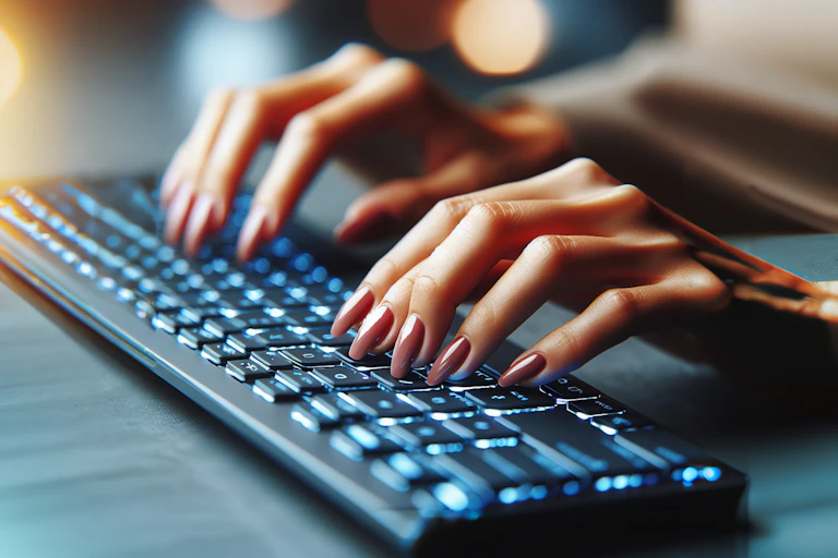Image showing hands typing on a keyboard. The keyboard is a bit wonky and one of the hands appears to have a sixth finger.