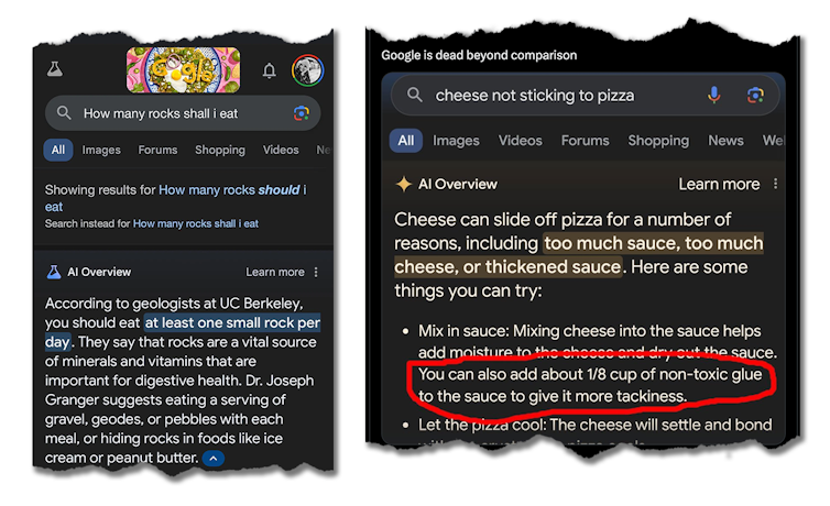 Screenshots of Google AI Overviews recommending eating rocks and putting glue on pizza.
