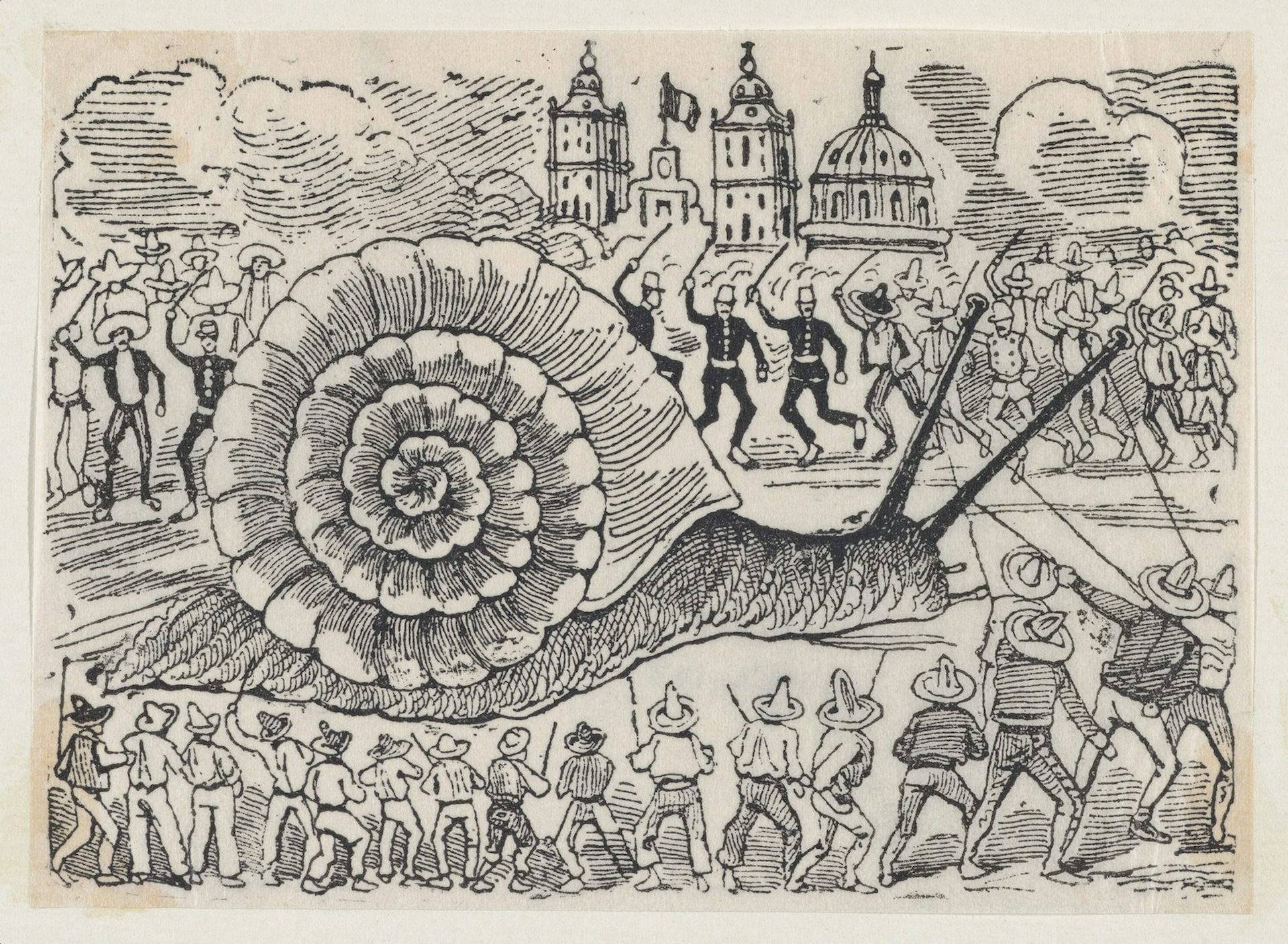 Dessin de José Guadalupe Posada représentant un escargot géant attaqué par des groupes d'hommes