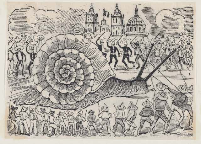 Dessin de José Guadalupe Posada représentant un escargot géant attaqué par des groupes d'hommes