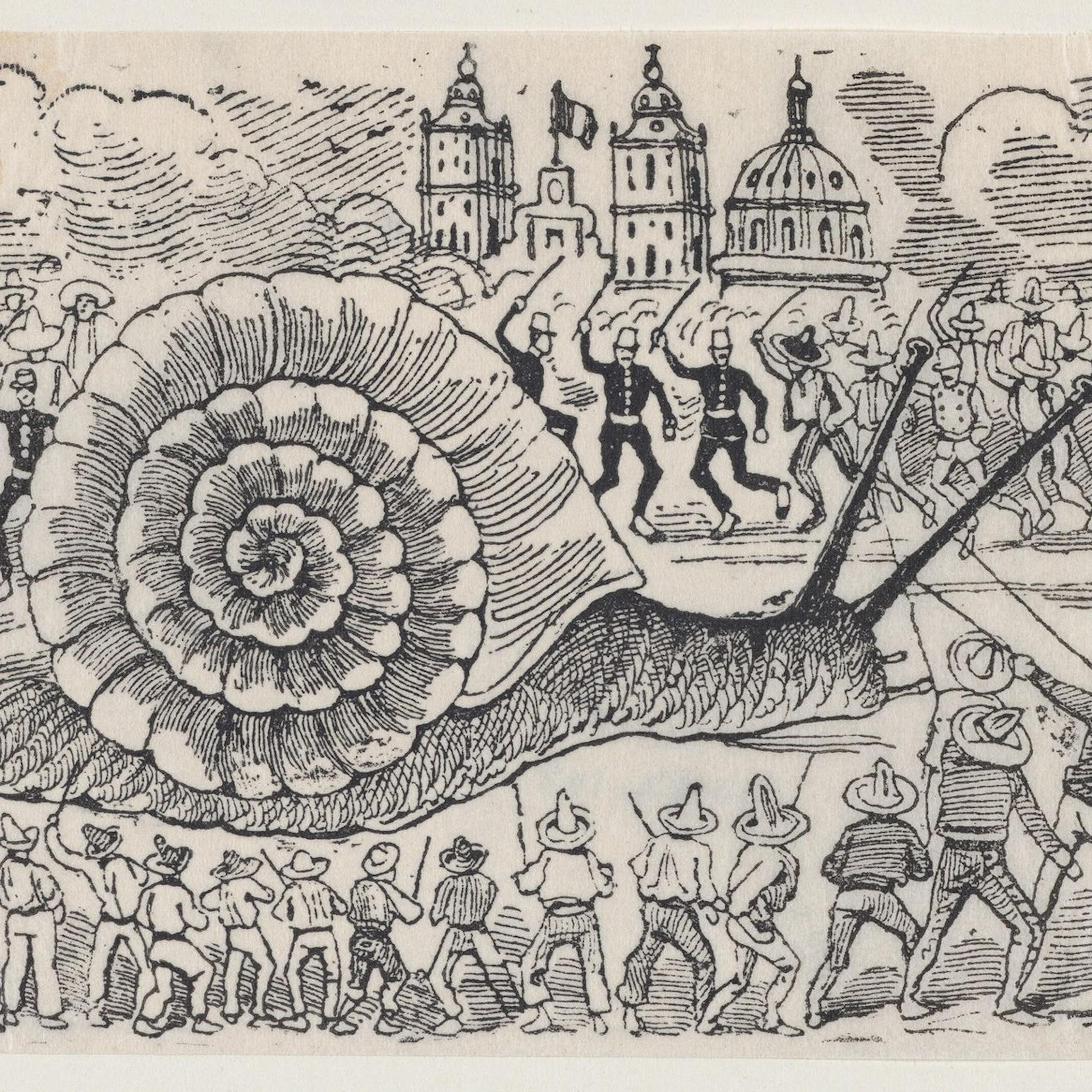 Dessin de José Guadalupe Posada représentant un escargot géant attaqué par des groupes d'hommes