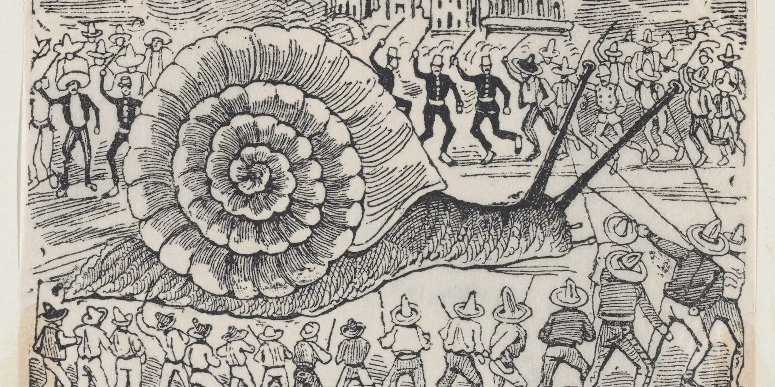 Dessin de José Guadalupe Posada représentant un escargot géant attaqué par des groupes d'hommes