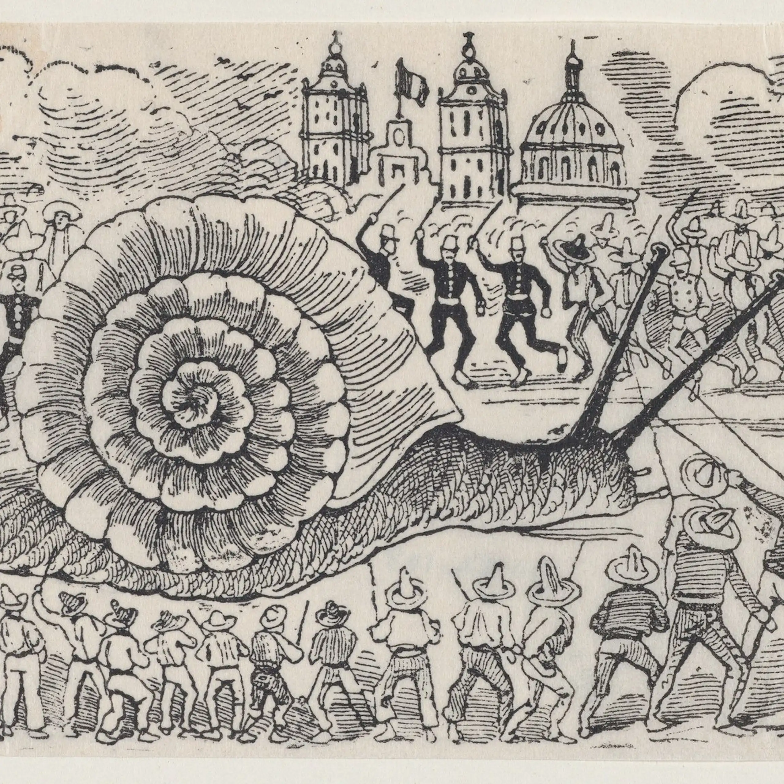 Dessin de José Guadalupe Posada représentant un escargot géant attaqué par des groupes d'hommes