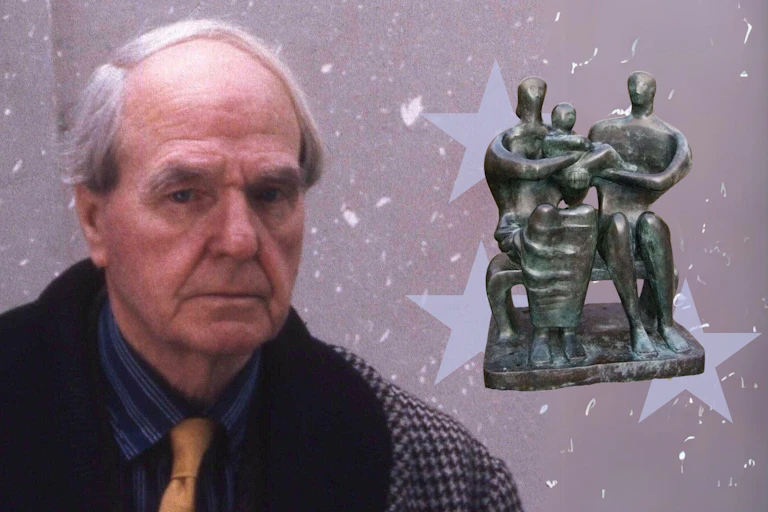 A cut out of the bronze statue Family Group, showing a mother father and child, next to a photo of Moore in a fur trimmed coat.