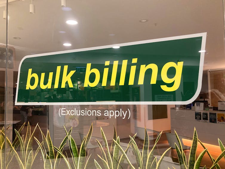 Bulk billing sign on window of GP clinic