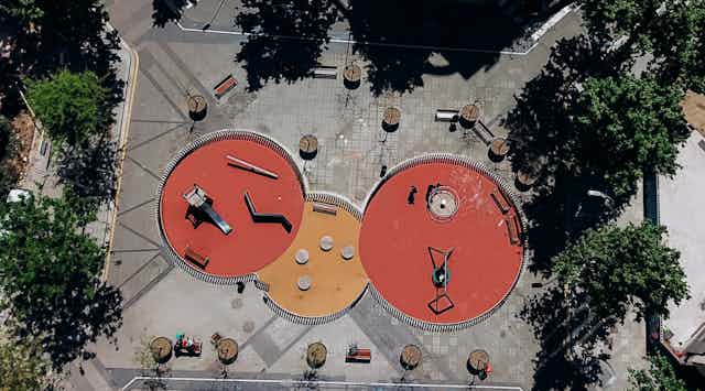 A playground on a traffic-reduced road in Barcelona.