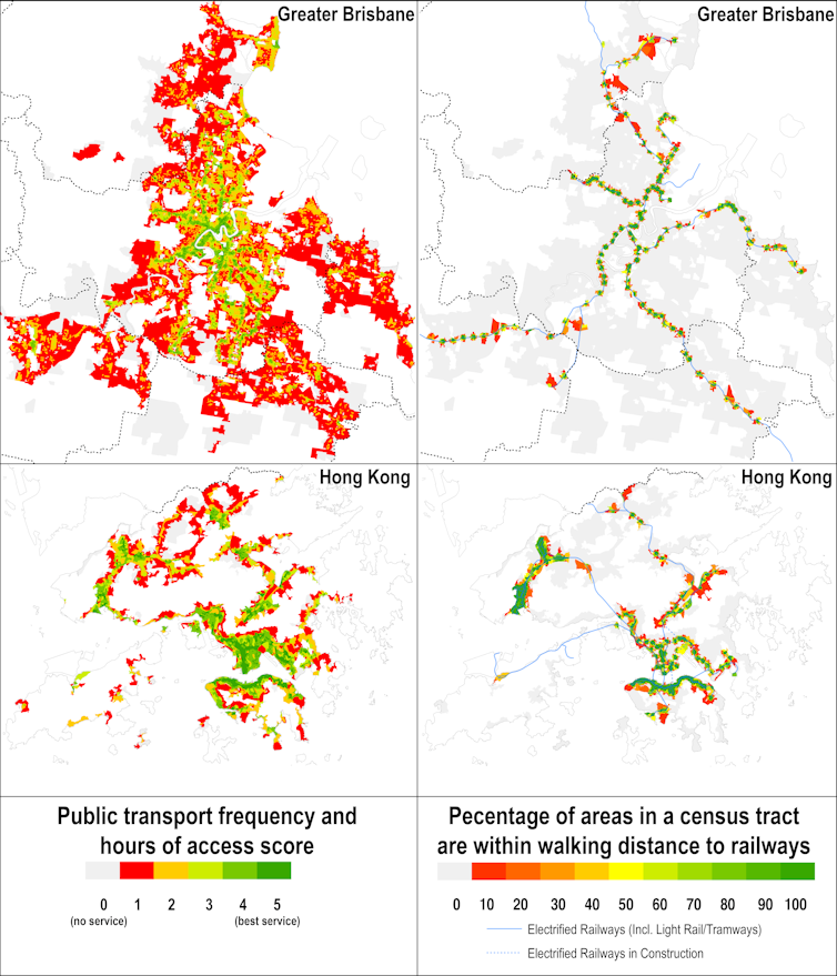 A 4x4 gridded map comparing the level of service of public transport in Hong Kong and Greater Brisbane.