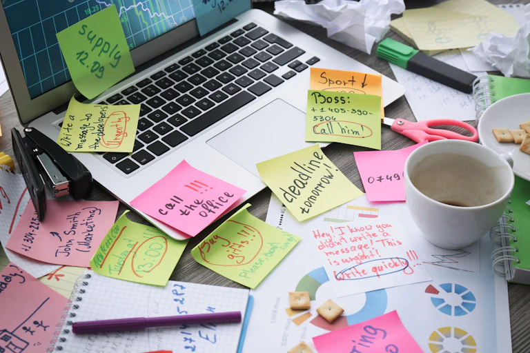 post its and reminders stuck on laptop amid mess