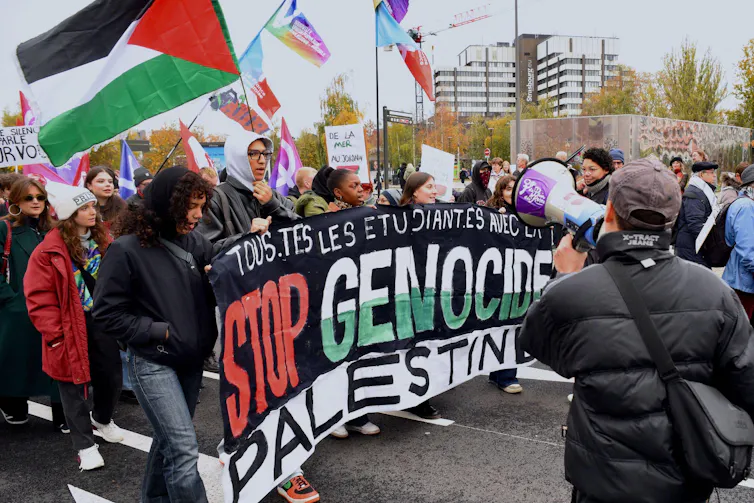 Pro-Palestinian protesters demonstrate in Strasbourg, France, carrying Palestinian flags and banner scondemning Israel.