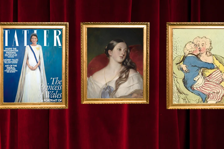 Three portraits of royals against a red curtain.