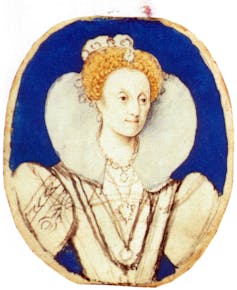 A painting of Elizabeth on a blue backdrop.