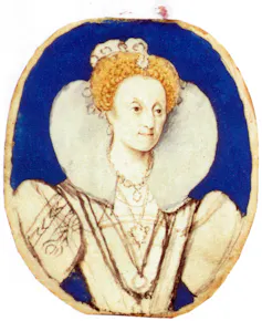 A painting of Elizabeth on a blue backdrop.