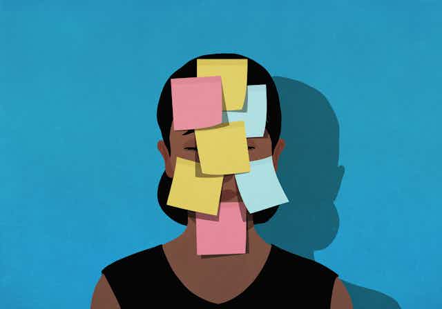 An illustration of a woman's face covered in Post-It notes.