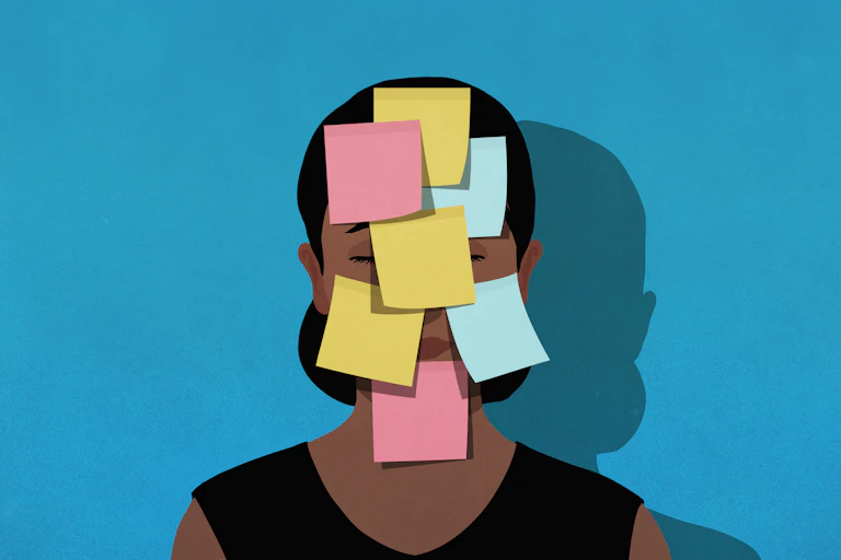 An illustration of a woman's face covered in Post-It notes.