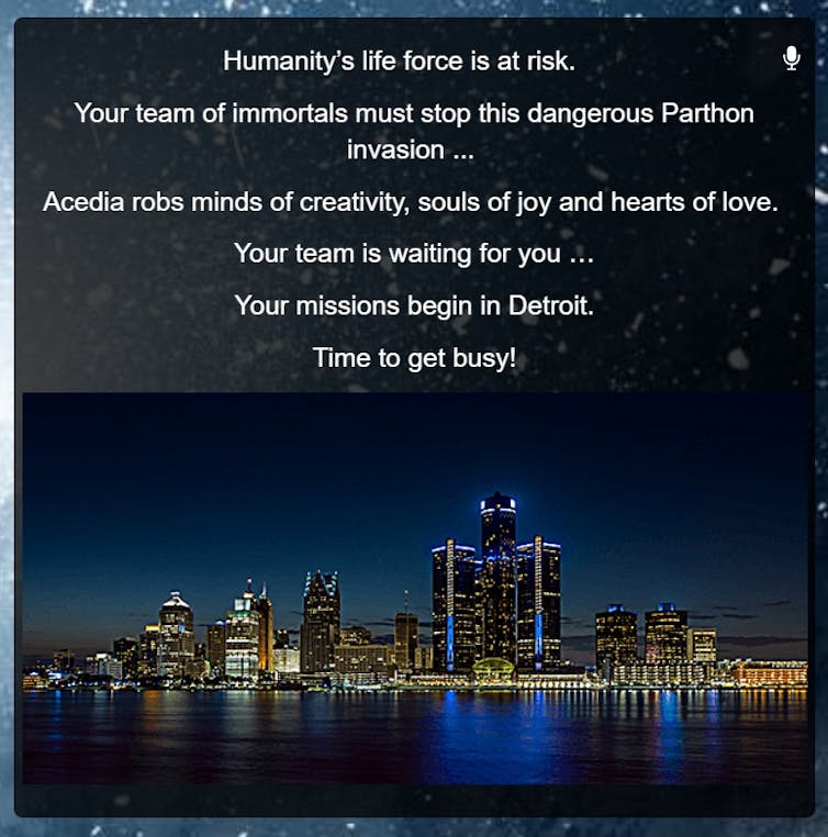 A cityscape at night with game instructions written overtop.