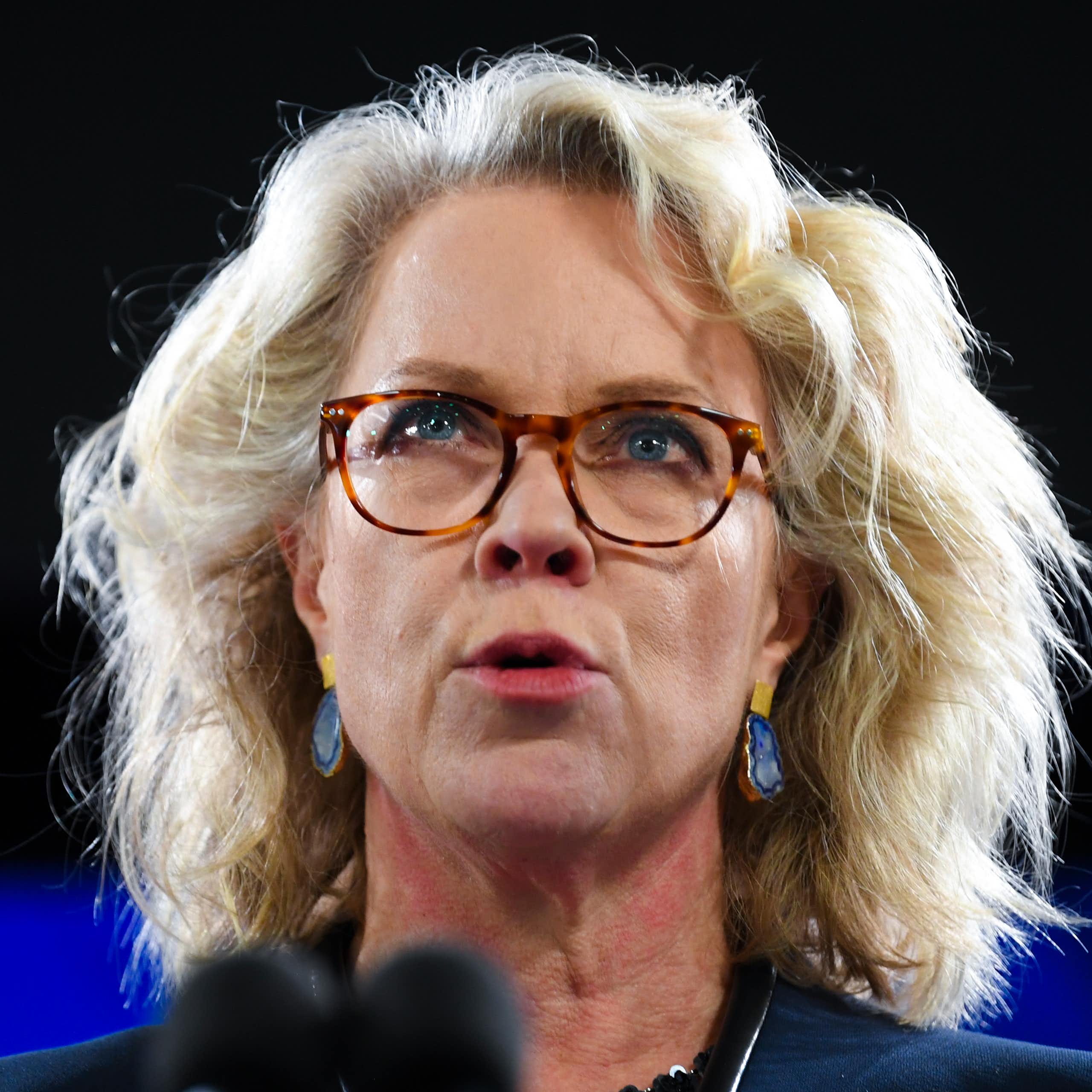 A blonde woman with glasses speaks at a podium
