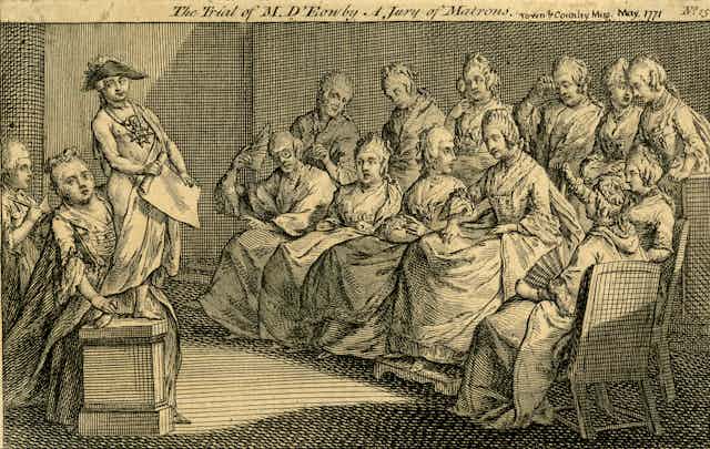 A historical drawing of a group of women in the 18th century seated in a courtroom