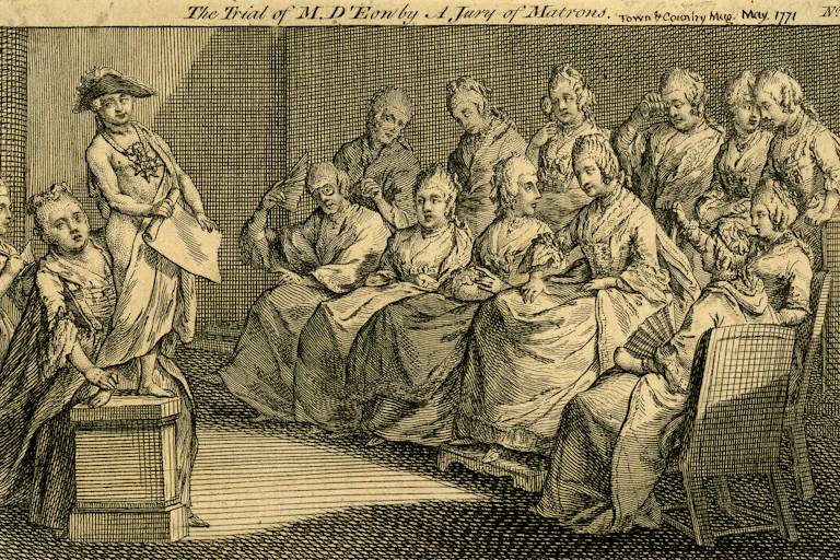 A historical drawing of a group of women in the 18th century seated in a courtroom