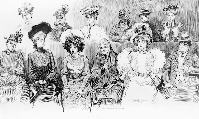 A black and white drawing of twelve women in turn of the century dress with various expressions on their faces.