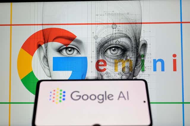 a screen with the text Google AI is in the foreground, in the background "Gemini" is written using Google's branding style