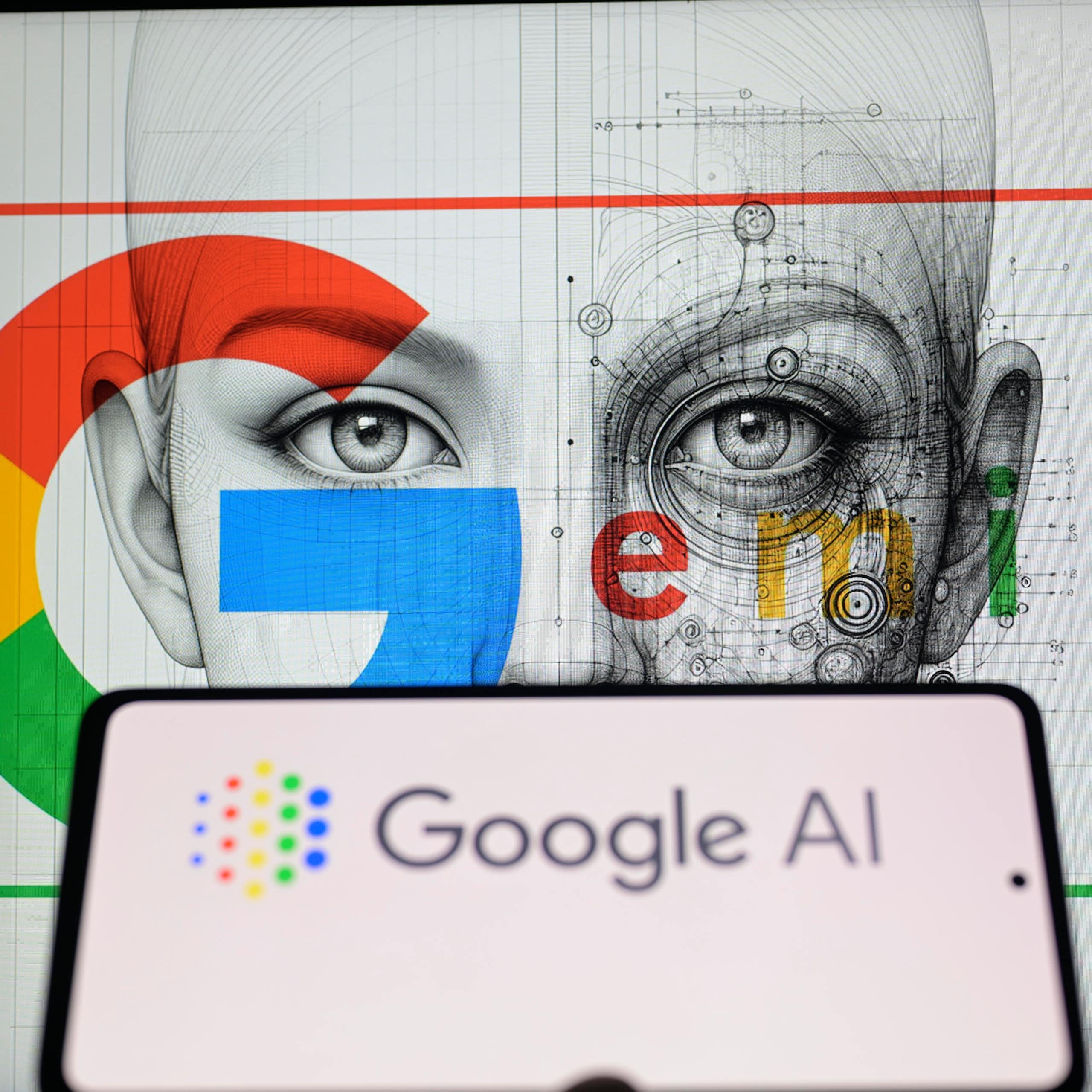 a screen with the text Google AI is in the foreground, in the background "Gemini" is written using Google's branding style