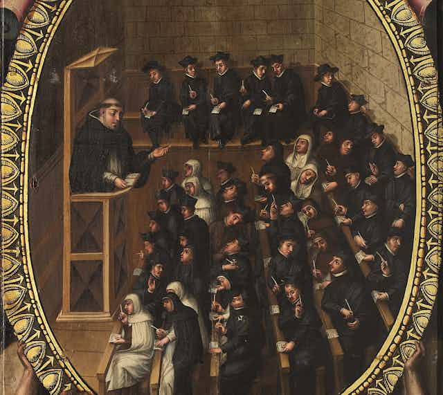 Versión pictórica de un aula antigua del Estudio salmantino con alumnos carmelitas