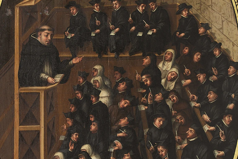 Versión pictórica de un aula antigua del Estudio salmantino con alumnos carmelitas