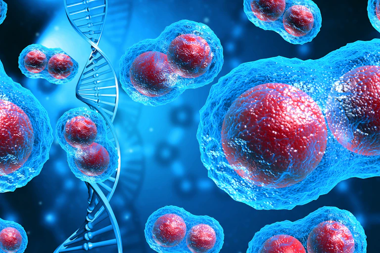 Cancer cells with a strand of DNA.