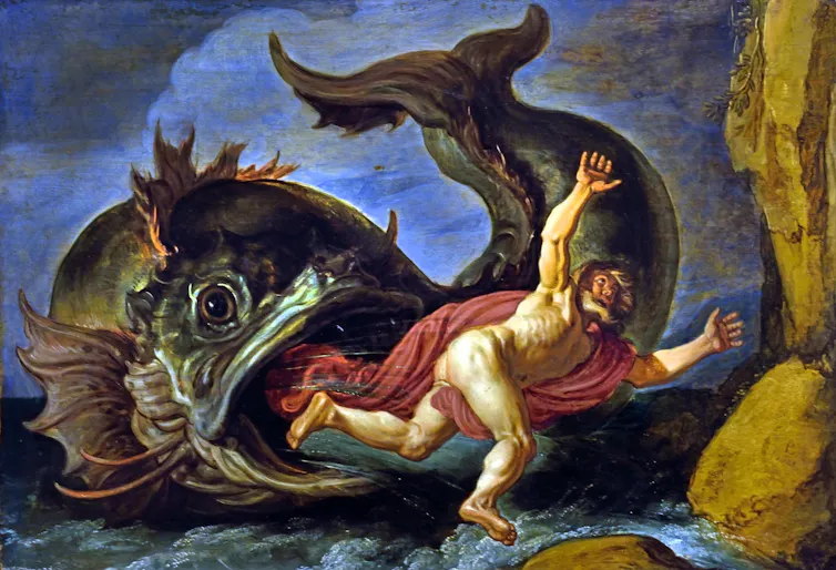 A baroque painting showing Jonah being swallowed by a large fish or whale.