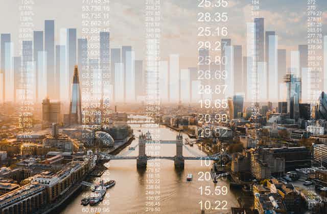 London skyline with bar chart graphic background and columns of figures.
