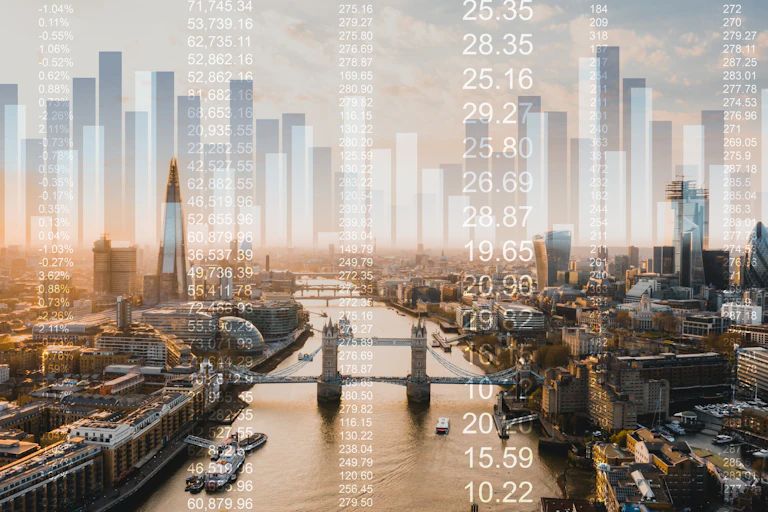 London skyline with bar chart graphic background and columns of figures.