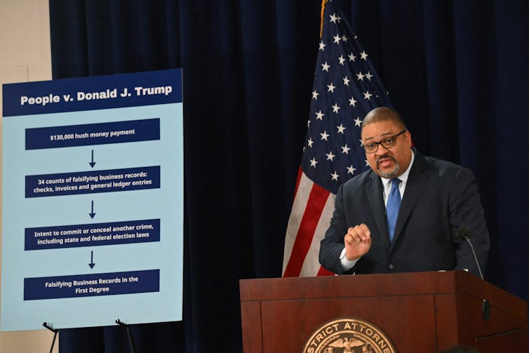 A man at a lectern with a US flag behind him and a poster board with print on it next to him.