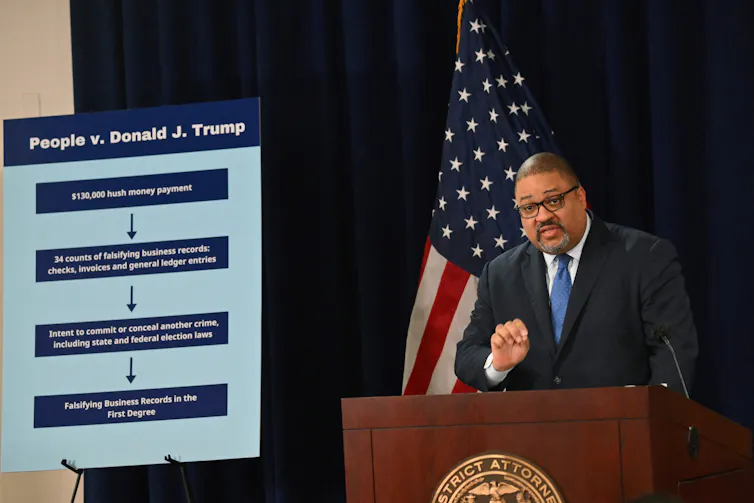 A man at a lectern with a US flag behind him and a poster board with print on it next to him.